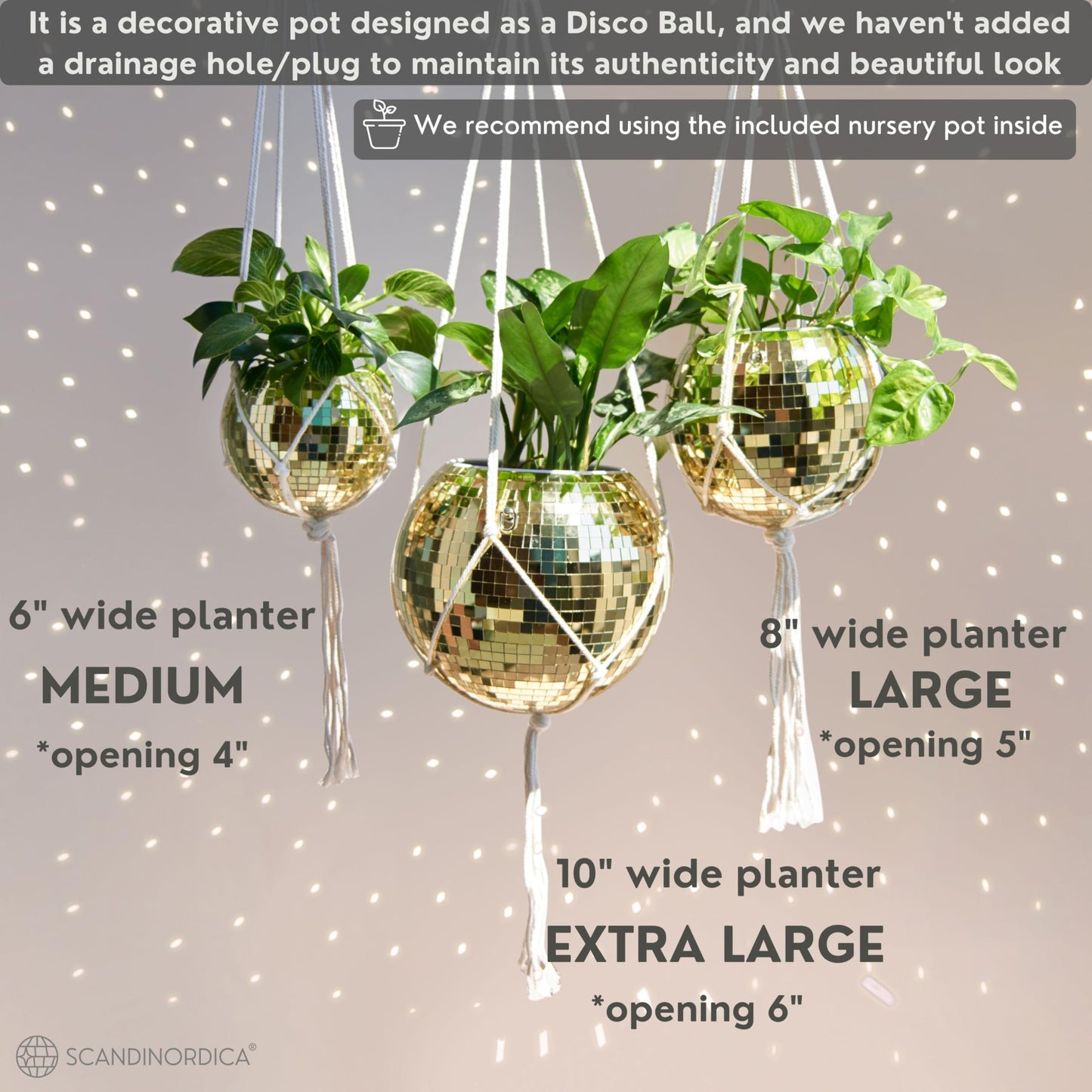 SCANDINORDICA Disco Ball Planter – Disco Ball Plant Hanger, Mirror Disco Planter with Chain, Macrame Hanger, Acrylic Stand and Insert Pot, Hanging Planter | Disco Ball Decor – 20 cm (8“) Gold