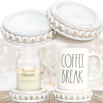 Felt Creative Home Goods Set of 2 Round Rustic Wood Beaded Risers - Sturdy 2-Sided Stackable Decor Pedestal Stands for Tiered Tray, Candle, Mug Display (Rustic White, 5 inch)