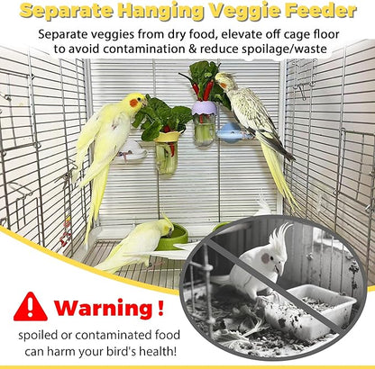 2Pcs Bird Cage Feeder for Vegetable, Parrot Veggies Holder with Water-Storage Design to Keep Greens Fresh, No Mess Hanging Millet Feeder for Parakeet, Quick Clean Clip, No Spill Feeders for Parrots