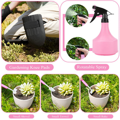 HLWDFLZ Pink Garden Tool Set Gardening Items for Women - 24PCS Heavy Duty Garden Tools with Detachable Storage Bag, Succulent Tool Set, Weeder