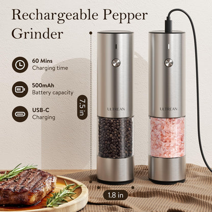 Ultrean Salt and Pepper Grinder Set, Rechargeable Salt and Pepper Shakers, 6 Adjustable Coarseness, LED Light, Kitchen Gadget Cooking Gifts Valentines Day Gifts for Him Her Mom Dad, Stainless Steel