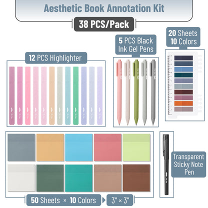 Mr. Pen- Aesthetic Book Annotation Kit, 38 pcs, 12 No Bleed Aesthetic Highlighters, 5 Gel Pens Black Ink, 700 Transparent Sticky Notes & Tabs for Study, Bible Journaling, Planner, Office Supplies