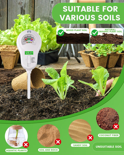 Vlantro 6-in-1 Soil Moisture Meter with 3 Probes, PH/Sunlight/Soil Moisture/Fertility with 3 Removable Probe, Digital Air Temp/Humidity, Soil Tester for Garden, Lawn, Indoor and Outdoor Plants