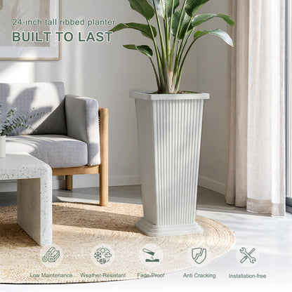 PolarcoForgeco Tall Outdoor Planters Set of 2, 24" Tapered Outdoor Tall White Planter for Front Porch, Large Indoor Modern Planter Flower Pots with Tray, Drainage Holes (Ribbed)