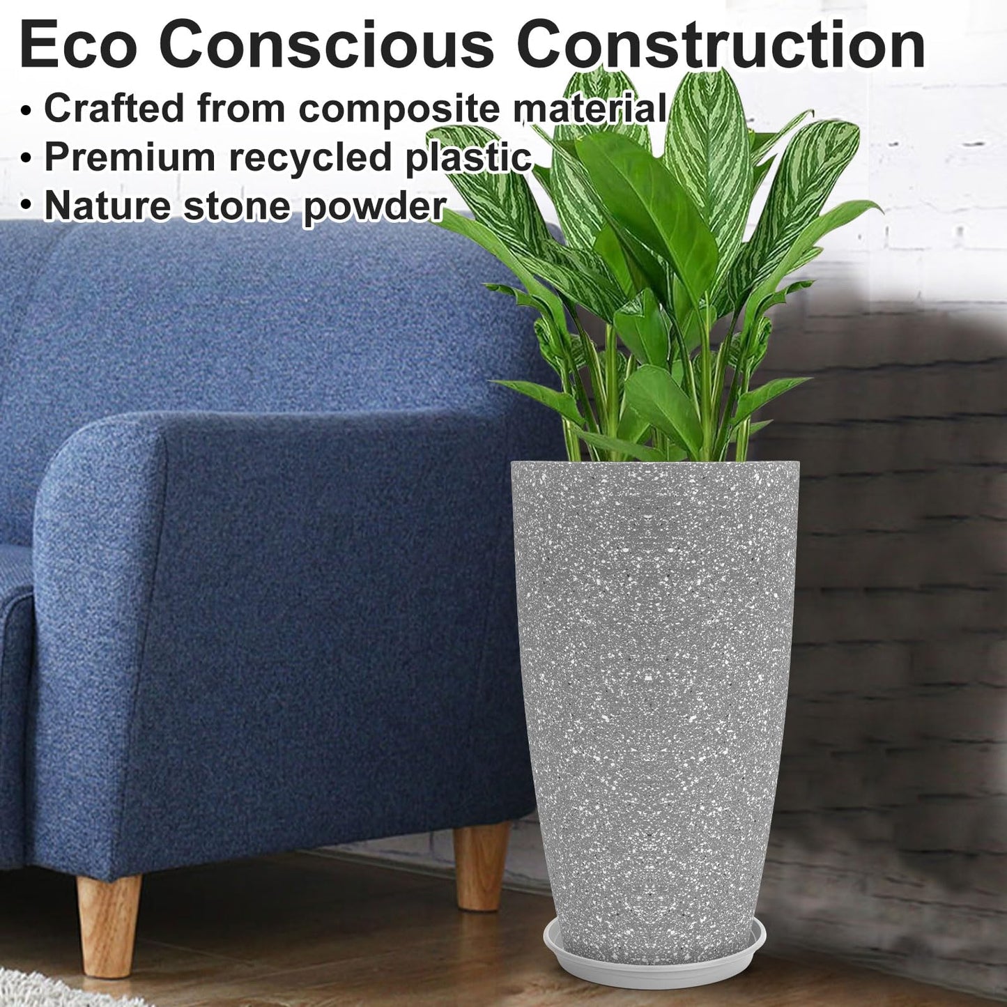 GameXcel Tall Flower Pot Indoor - Outdoor Plant Pot - Gray Rough Planter - Elegant Stone Imitation - 12" Diameter 21" Tall with Drainage Holes and Saucer 2 Pack