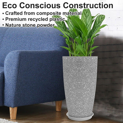 GameXcel Tall Flower Pot Indoor - Outdoor Plant Pot - Gray Rough Planter - Elegant Stone Imitation - 12" Diameter 21" Tall with Drainage Holes and Saucer 2 Pack