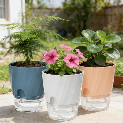 Self Watering Plant Pots 6 Inch, 3 Pack Plastic Indoor Planters with Wick Rope and Reservoir, Decorative Flower Pots for Spider Plant, Orchid, African Violet, Home Office Decor (White, Pink, Blue)