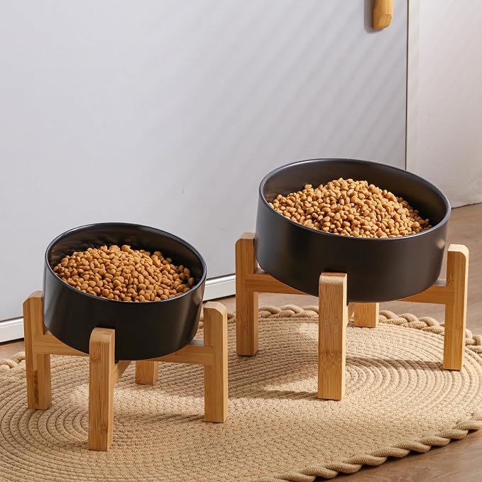Black Elevated/Raised 15°Tilted Anti Slip Ceramic Dog Bowl for Small/Medium Breeds,Slanted Bulldog Big Face Pet Food Water Feeding Dish with Stand for Cats and Dogs (3.6 Cups/28 OZ)
