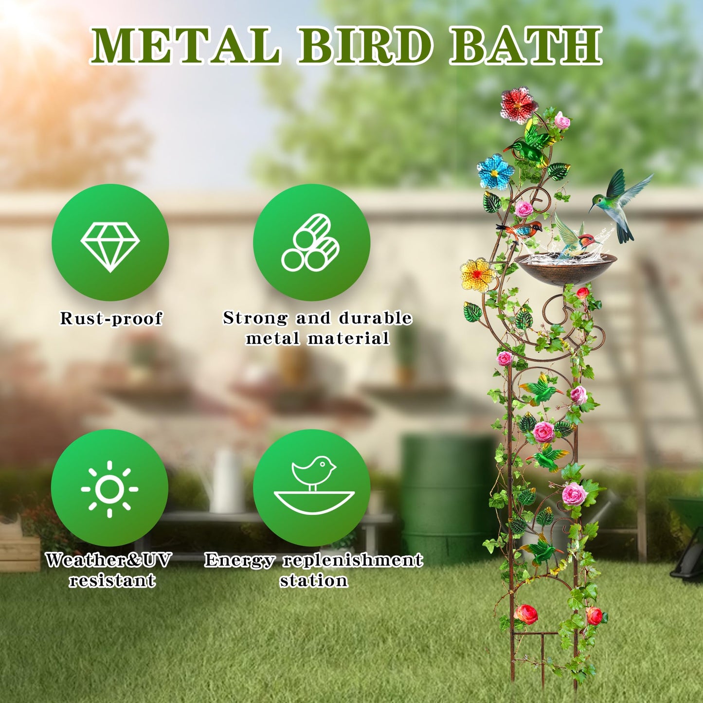 YADOOLIFE 57” Bird Bath with Garden Trellis for Climbing Plants Outdoor, Small Decorative Trellises Metal Birdbath Bird Baths, 1 Piece (Hummingbird)