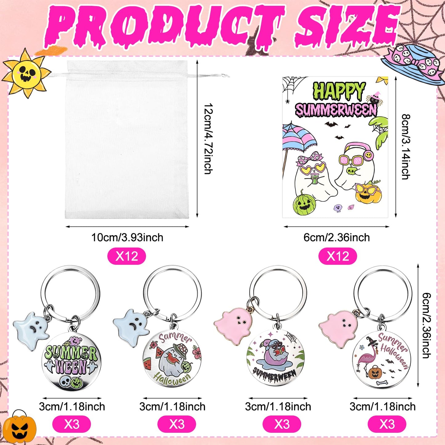 12 Sets Summerween Party Decor Gifts Summerween Ghost Keychain with Cards Organza Bags Summer Halloween Theme Party Favor Keyring for Guests Coworkers Tropical Beach Pool Hawaiian Spooky Party Supply
