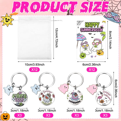 12 Sets Summerween Party Decor Gifts Summerween Ghost Keychain with Cards Organza Bags Summer Halloween Theme Party Favor Keyring for Guests Coworkers Tropical Beach Pool Hawaiian Spooky Party Supply