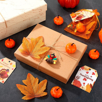 Halloscume 120 Pcs Thanksgiving Party Favor Decorations Fall Gifts, Include Mini Turkey Figurines Foam Pumpkin Maple Leaves Thanksgiving Cards with Orange Organza Bag for Harvest Home Table Decor