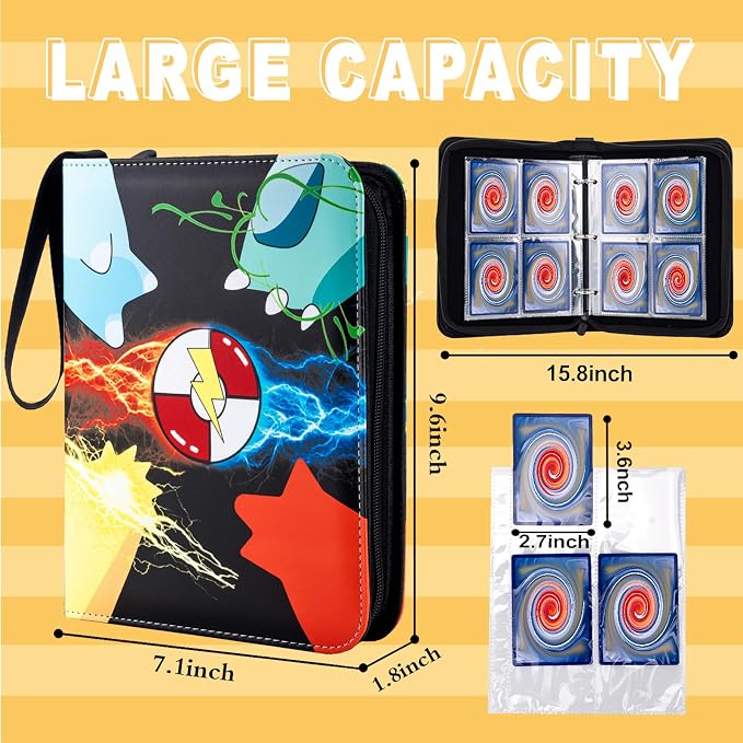 Jravkfi Card Binder 4 Pocket with 50 Removable Sleeves-Can Hold 400 Cards,3-Ring Zipper Sports Book, Ideal for All Card Collectors（Black）