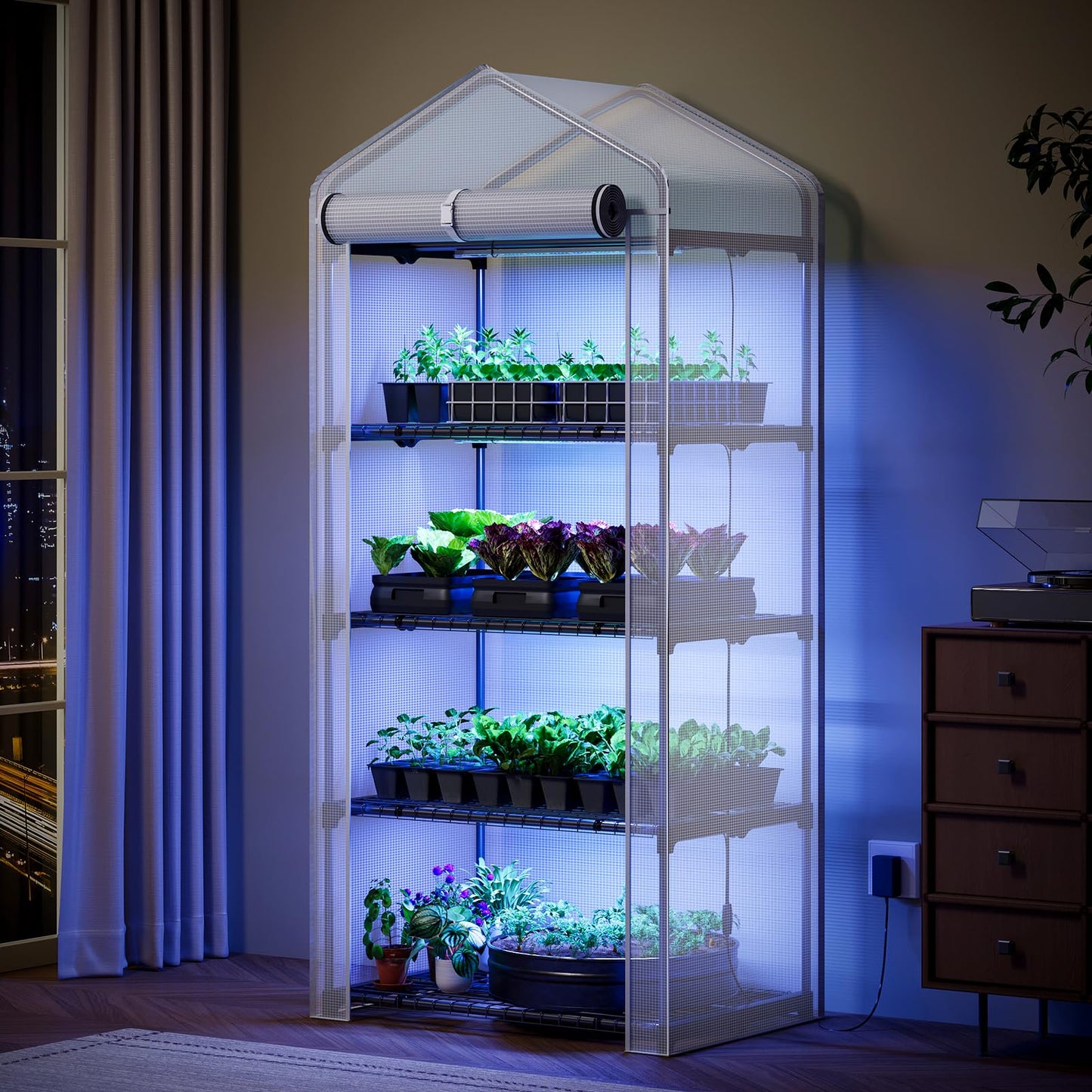 Superlele Mini Greenhouse with Grow Light, 4 Tier Greenhouse for Indoor Outdoor, 27"x19"x62" Portable Plant Green House with 4pcs LED Grow Light, Grow Tent for Seedlings, Flowers & Herbs, White