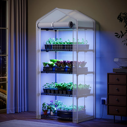 Superlele Mini Greenhouse with Grow Light, 4 Tier Greenhouse for Indoor Outdoor, 27"x19"x62" Portable Plant Green House with 4pcs LED Grow Light, Grow Tent for Seedlings, Flowers & Herbs, White
