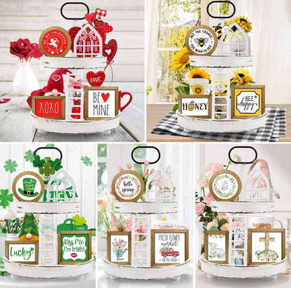 nuvagiki Interchangeable Seasonal Tiered Tray Decor Set, Farmhouse Holiday Wooden Sign Kit with Frames, Ladder & Arch, Year Round Home Decorations for Bee Spring Summer Patriotic (Tray Not Included)