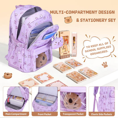 Similove Capybara Theme Backpack for School Girls, 35PCS Kids Backpack Set with School Supplies Stationery Kit Lunch Box Pencil Case, Cute Girls Bookbag for Kindergarten Elementary Student