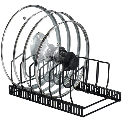 Toplife Pots and Pans Organizer Rack for Cabinet and Countertop, 10+ Pot Lids, Bakeware and Cookware Organizer Rack Holder with 10 Adjustable Compartments - Brown