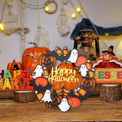 Happy Halloween Wooden Hanging Sign - Halloween Party Decorations, Halloween Ghost Sign, Bat Ghost Pumpkin Wreath, Halloween Garland, Wooden Wreath Wall Hanging Decor(HALLOWEEN SIGN)