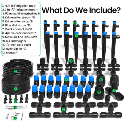 MIXC 230FT Quick-Connect Drip Irrigation System Kit, Automatic Garden Watering System with 1/4" & 1/2" Fast-Lock Tubing - Adjustable Nozzles & Sprinklers for Garden, Greenhouse, Lawn, Potted Plants