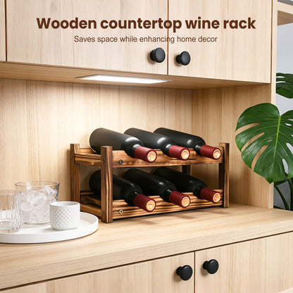 6-Bottle Wooden Wine Rack – 2-Tier Tabletop Countertop Space-Saving Wine Holder with Screwdriver Included, Easy Assembly Wine Storage Shelf for Kitchen, Bar, Pantry & Home Decor