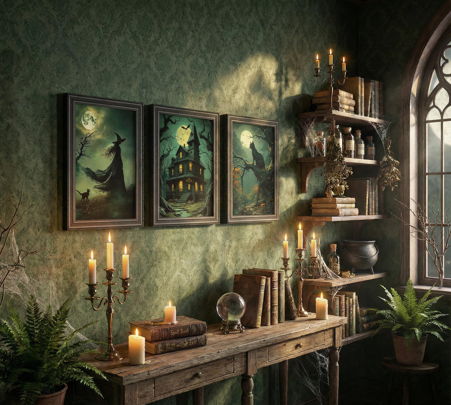 3pcs Halloween Canvas Wall Art Dark Academia Scary Witch Black Cat Castle Posters Prints Thriller Horror Green Gothic Wall Decor Pictures for Halloween Party House Decoration Unframed