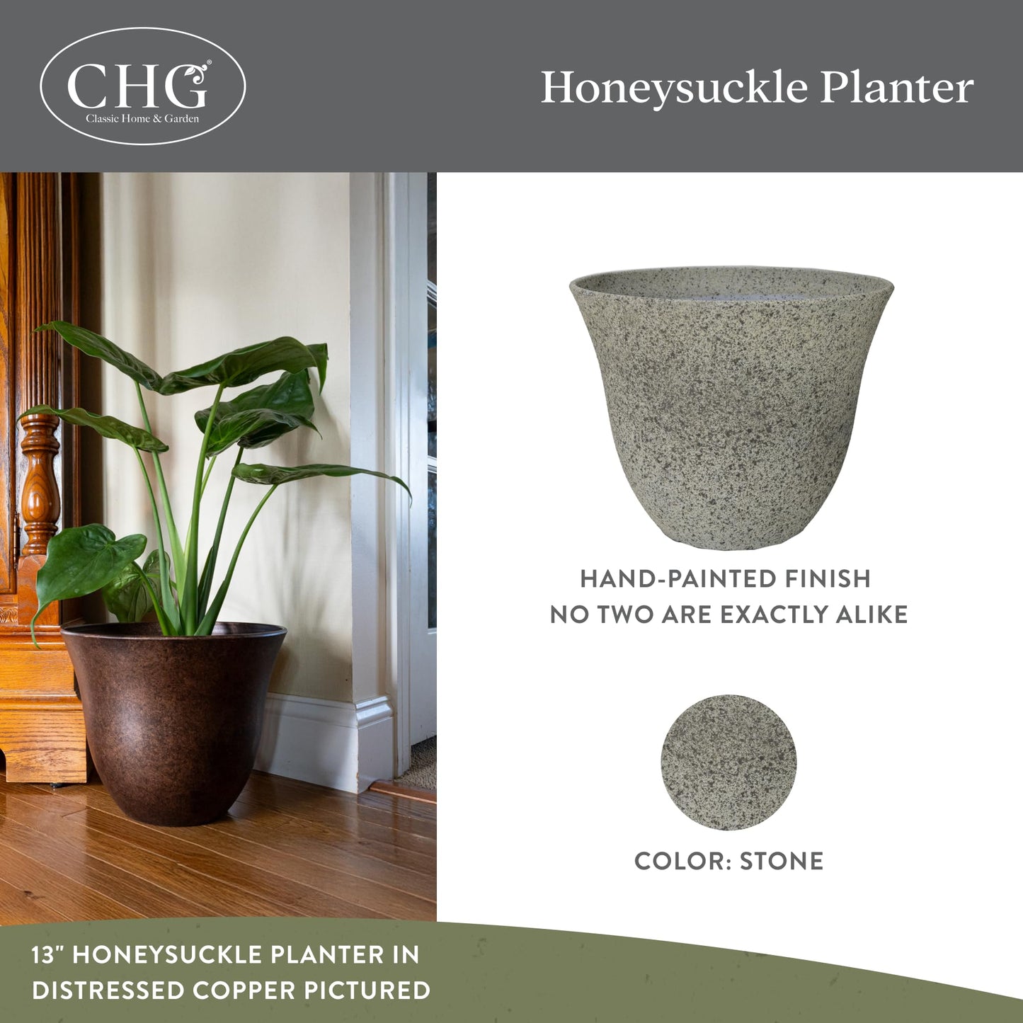 Classic Home and Garden by Growscape Honeysuckle Resin Planters - Lightweight Indoor & Outdoor Plant Pots - UV-Resistant Plastic Flower Pots - Pot Planters for Flowers & Herbs (15" Stone)
