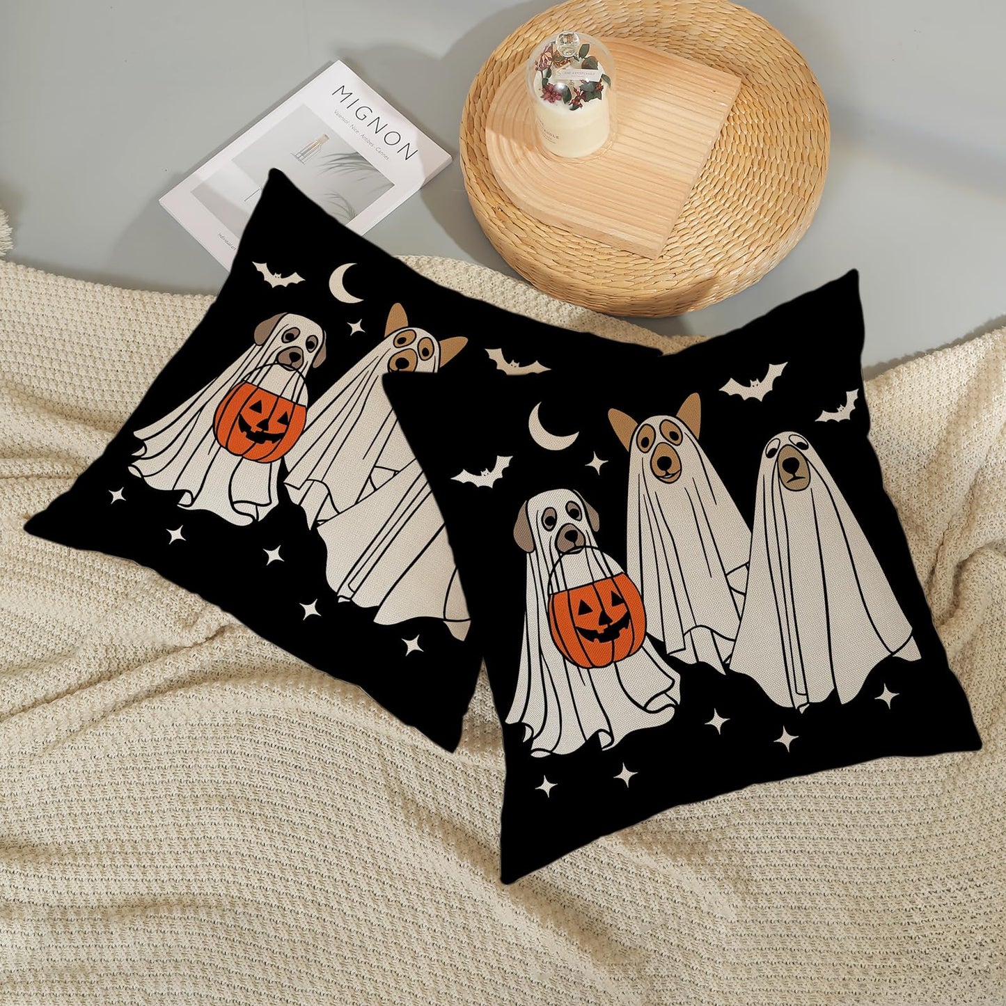 JEFERSO Halloween Pillow Covers 18x18 Inch Set of 2 Black White Dog Ghost Throw Pillows Fall Halloween Home Decorations Pillow Cases Autumn Holiday Linen Outdoor Decor Cushion Case for Couch Sofa