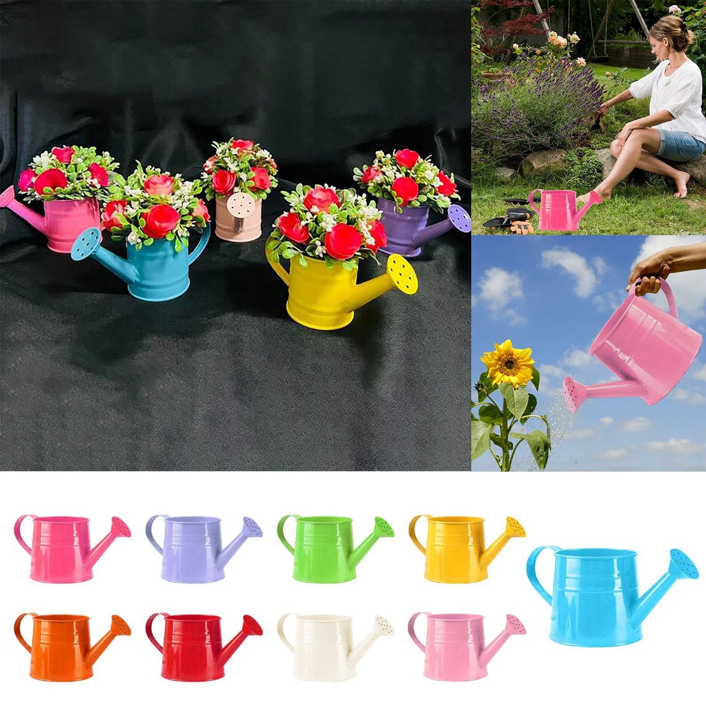 Small Metal Watering Can for Indoor Plants, 1L Metal Flower Garden Watering Can Sprinkling Can with Handle, Gardening Tool Accessories for Lawn Garden (White)