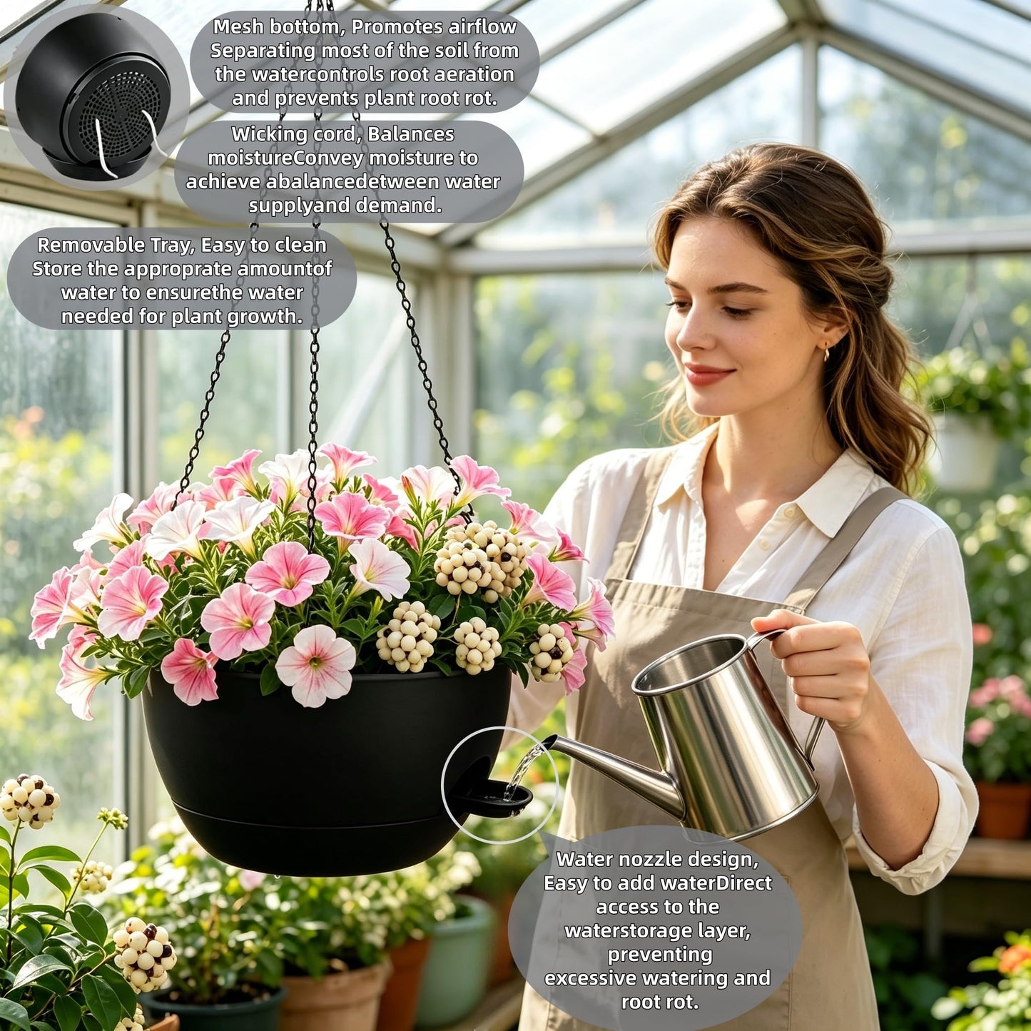 zople 2 Pack 12 Inch Self Watering Hanging Planters for Indoor Plants, Large Black Plastic Hanging Pots with Chains for Outdoor Patio Garden Home Decor Black