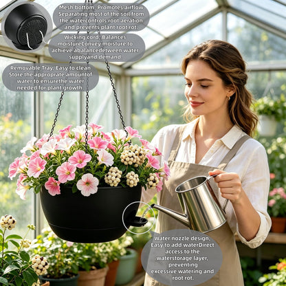 zople 2 Pack 12 Inch Self Watering Hanging Planters for Indoor Plants, Large Black Plastic Hanging Pots with Chains for Outdoor Patio Garden Home Decor Black