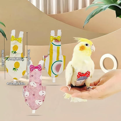 2Pcs Bird Diapers Bird Harness Flight Suits Diapers with 80 Inch Flying Leash Parrot Nappy Washable Cute Urine Wet Suit for Cockatiel Conure Macaw Budgies Parakeet-Pineapple&Kitten,M