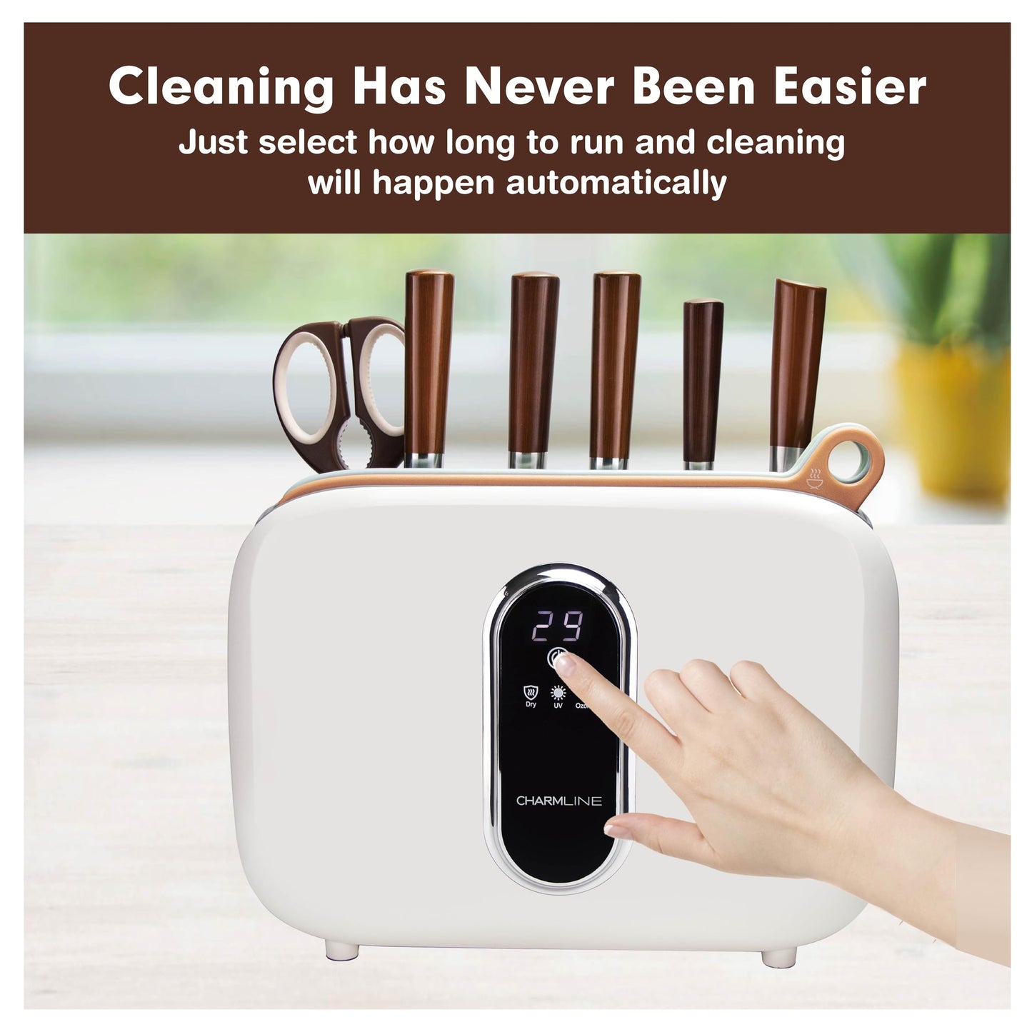 Charmline Smart Cutting Board and Knife Set with Holder, Double Cleaning and Drying Function, Space Saving Smart Home Gadgets, Keeping Kitchen Clean and Tidy, Brown