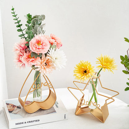 Glass Flower Vase with Metal Frame,Modern Creative Geometric Clear Vase for Flower Centerpieces Decorative,Desktop Hydroponics Vase Plant Terrarium for Home Office Decoration (Gold Star-Love)