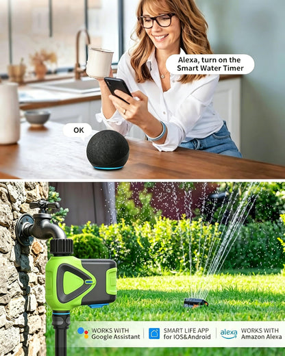 WiFi Water Timer for Garden Hose, No Hub Required, Sprinkler Controller with Built-in Flow Meter, App & Alexa Google Voice Control, IP65 Waterproof Wireless Irrigation for Lawn Greenhouse