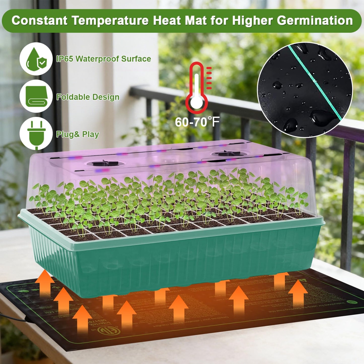 120-Cell Self-Watering Seed Starter Tray with Grow Light, Indoor Seed Starting Kit Trays with Heat Mat, Adjustable Brightness Plant Germination Trays Growing Kit with 4.13" Humidity Dome for Seed Grow
