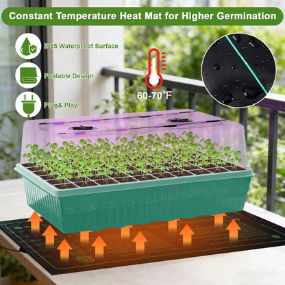 120-Cell Self-Watering Seed Starter Tray with Grow Light, Indoor Seed Starting Kit Trays with Heat Mat, Adjustable Brightness Plant Germination Trays Growing Kit with 4.13" Humidity Dome for Seed Grow