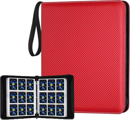 900 Pockets Round Ring Trading Card Binder, 9-Pocket Clear Zipper Card Album with Wrist Strap, Holds 900 Standard TCG & Sports Cards, Not Fit Top Loaders(Carbon Red)