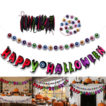 Pre-Strung Happy Halloween Banner, 9.8FT Felt Garland with 3D Eyeballs for Halloween Decorations, 2Pcs Indoor Banner for Mantle Indoor Fireplace Window Wall Home Party Decor