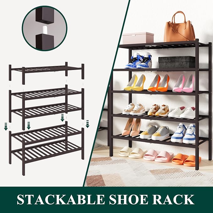 Smiry Small Bamboo Shoe Rack, 6 Tier Free Standing Wooden Shoe Organizer, Stackable Wood Shoe Storage Shelf for Closet, Entryway, 14 Vertical Slats, 2+2+2 Stack Thicker Legs, 17.3"x11"x39", Brown