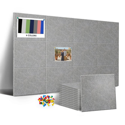 MISSDAY Dark Grey Acoustic Wall Panel Large Felt Bulletin Board 48" x 36" Cork Board for Wall, 12-Pack Boards with 72 Adhesive Tabs, 50 Pins, Pin Board for Home Office Classroom Soundproof Wall Tile