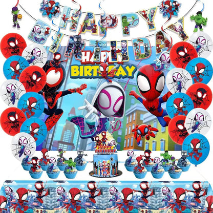 Cartoon spidey-themed birthday party supplies. These decorations include "Happy Birthday" banners, tableware, tablecloths, balloons, large and small skewers, and party-themed decoration sets.
