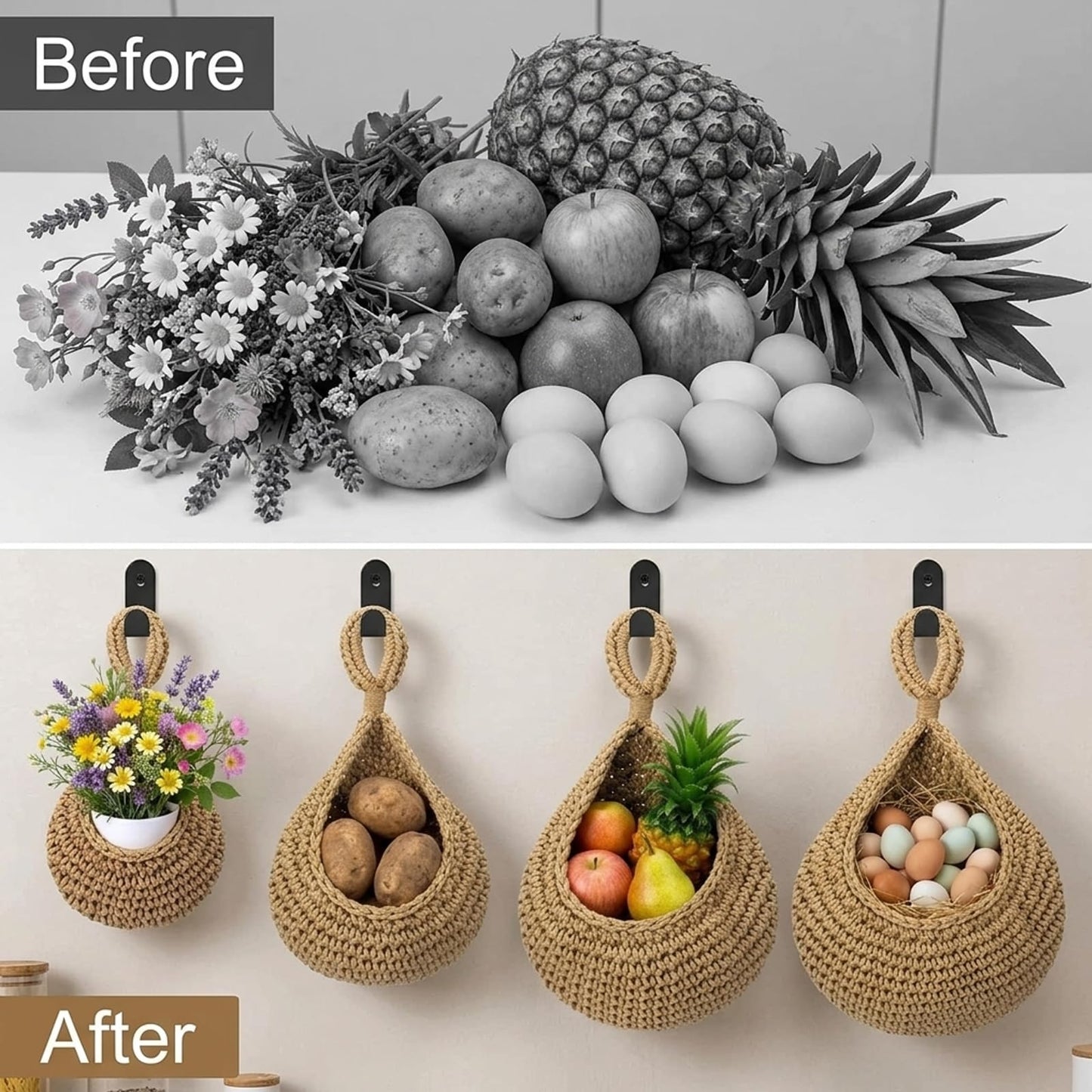 4 Pack Boho Decor Hanging Baskets for Kitchen, 4 Sizes Teardrop Wall Baskets with Hooks for Home Storage Fruit Vegetable