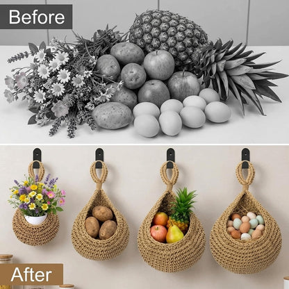 4 Pack Boho Decor Hanging Baskets for Kitchen, 4 Sizes Teardrop Wall Baskets with Hooks for Home Storage Fruit Vegetable