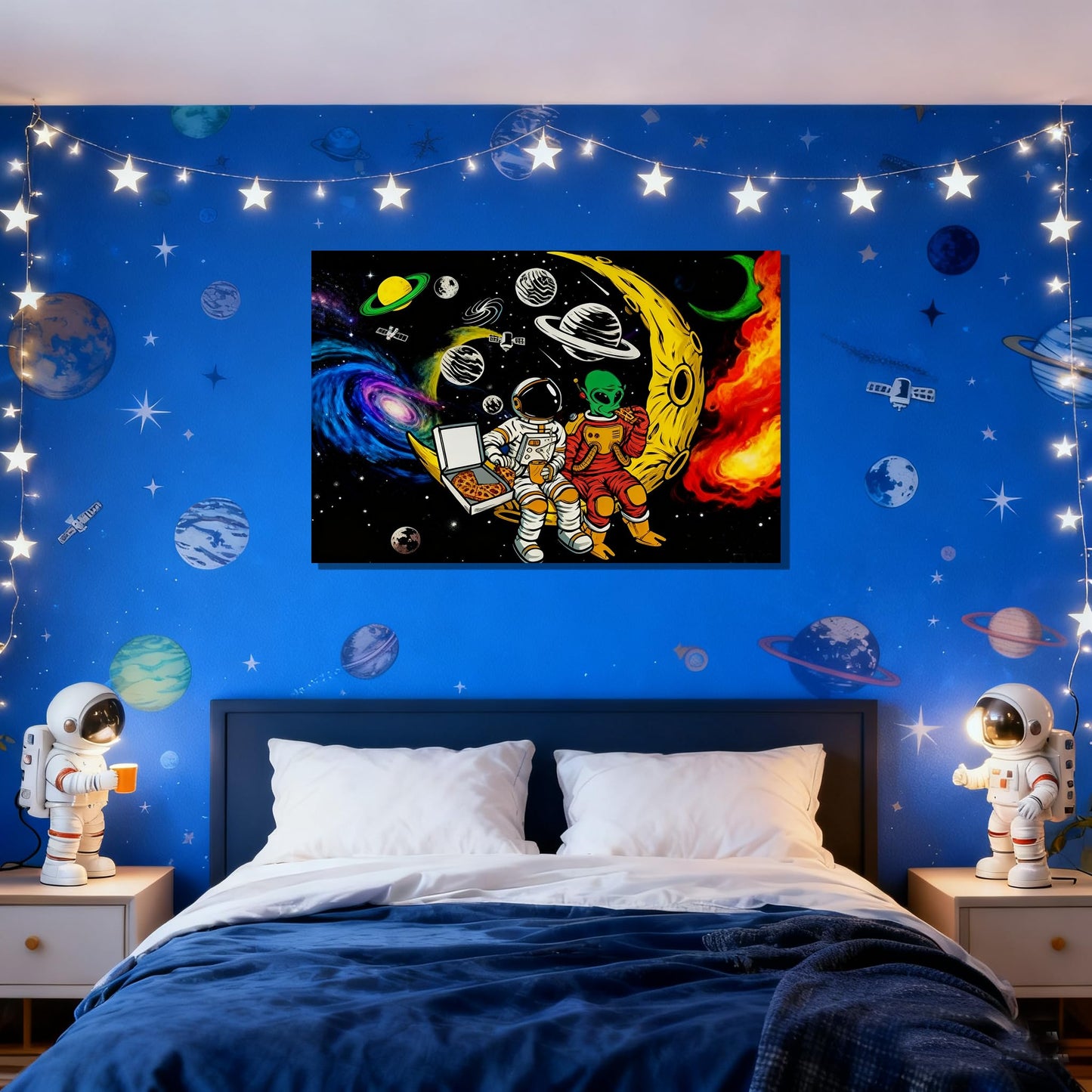 16x24 Space Astronaut Alien Pizza Party Canvas Wall Art Black Cosmic Prints Moon Planet Poster Home Framed Decor Kids Bedroom Fantasy Painting Teen Boy Room Funny Gift Picture Child Study Room Photo