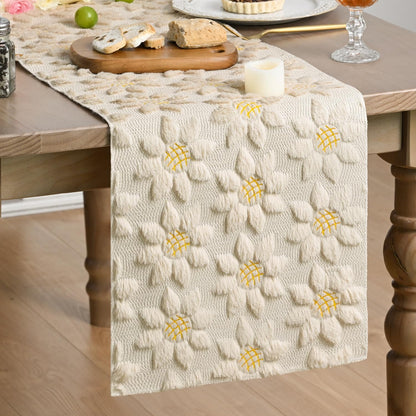 Artoid Mode Beige Soft Plush Faux Fur Jacquard Embroidery Sunflower Spring Table Runner, Kitchen Dining Table Decoration for Home Party Decor 13x48 Inch