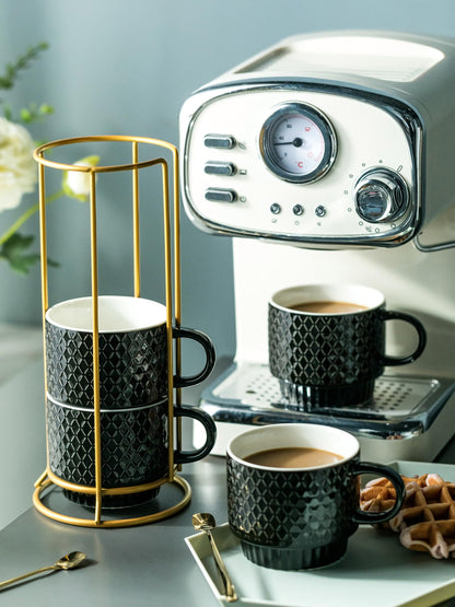 LYEOBOH Stackable Coffee Mugs Set of 4 with Rack & Spoons Coffee Mug Set 13 OZ., Ceramic Embossed Grinding Demitasse Cups Set Cappuccino Cup Halloween for Coffee, Latte, Macchiato, Espresso, Black