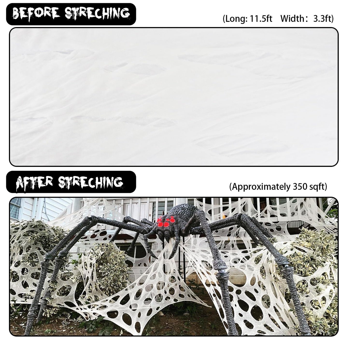 Runleo Giant Spider Webs Halloween Decorations Outdoor, Pre-Cut Super Stretchy Beef Netting DIY Spider Webbing with Stakes, Gauze Spiderwebs Cobwebs for Haunted House Yard Tree Party Indoor Decor