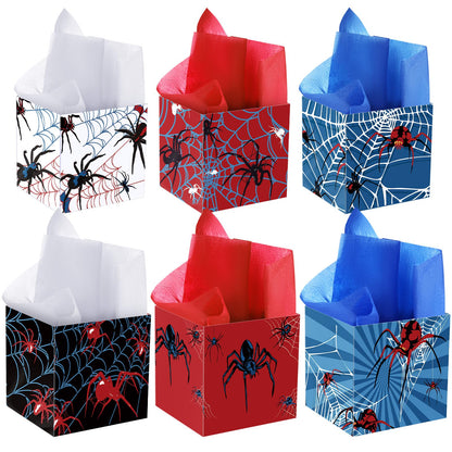 Spiareal 6 Set Spider Birthday Party Decoration Favor PVC Spider Snack Popcorn Bucket Centerpiece for Table Candy Cookie Treat Container with Red White Blue Snow Pear Paper for Birthday Party Supplies