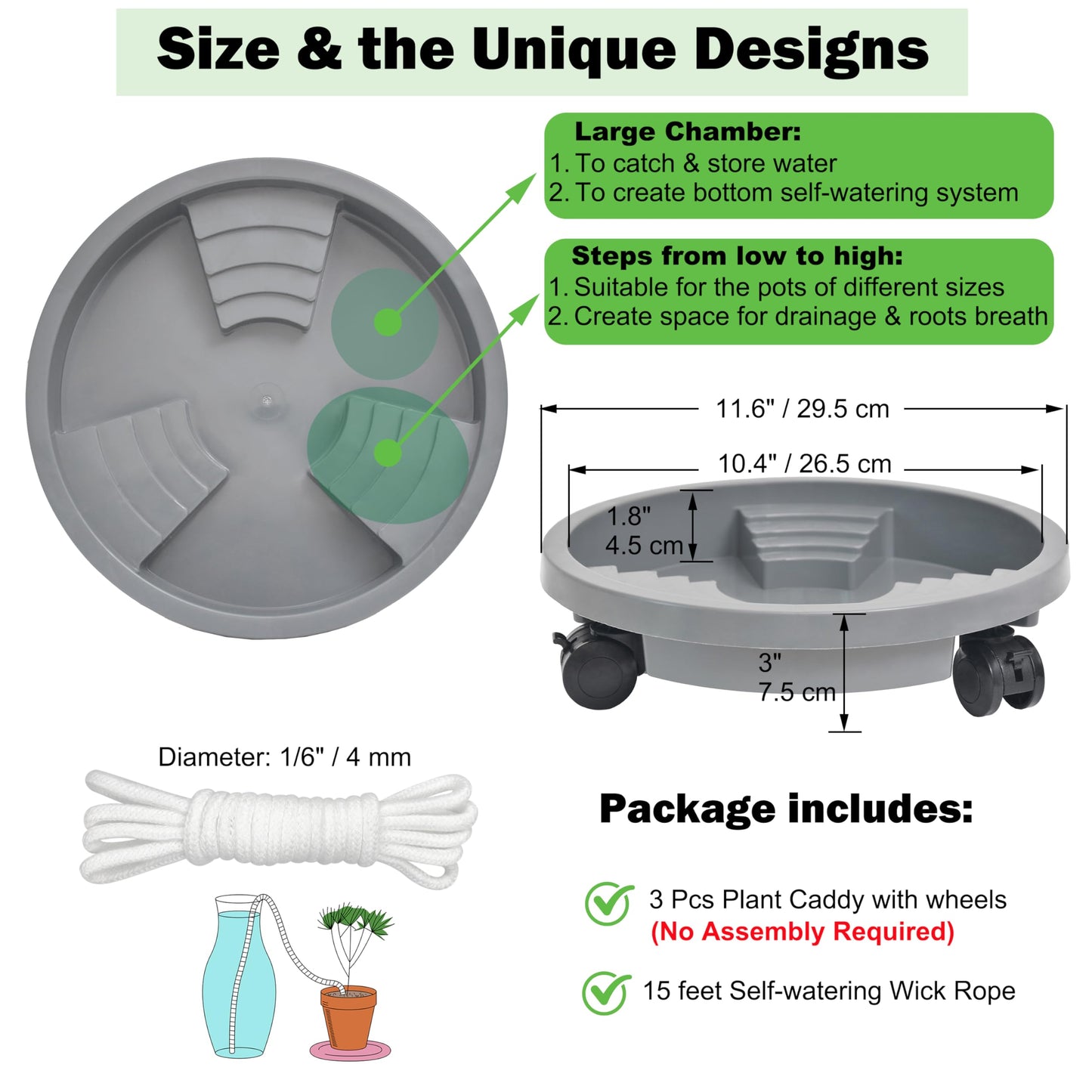 ORIMERC 3 Pack Plant Caddy with Wheels Heavy Duty 12 inch Plant Saucer Self-watering Design, Movable Wheeled Round Planter Stand Coaster Trolley, Flower Pot Dolly Rack Tray on Rolling Caster Roller Indoor Outdoor
